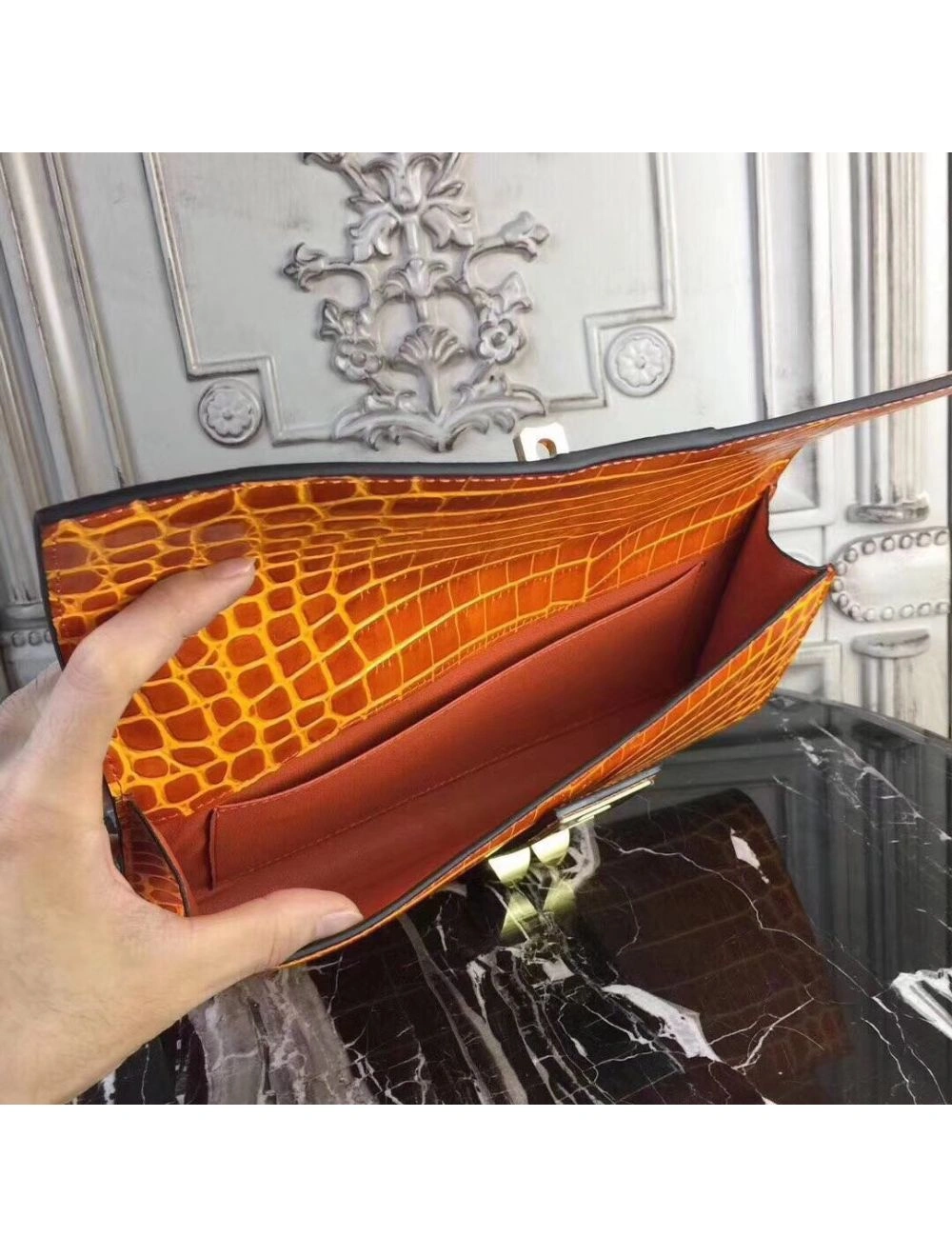 Hermes Medor Clutch Bag In Orange Crocodile Leather