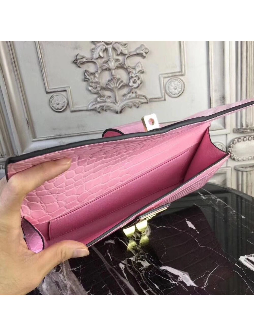 Hermes Medor Clutch Bag In Pink Crocodile Leather
