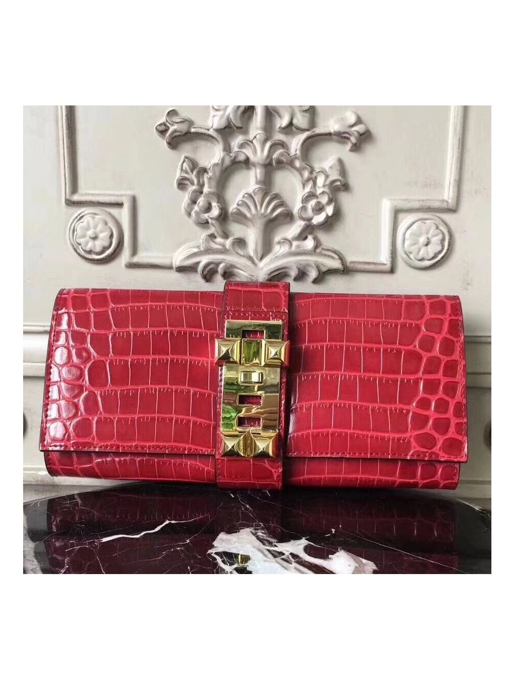 Hermes Medor Clutch Bag In Red Crocodile Leather