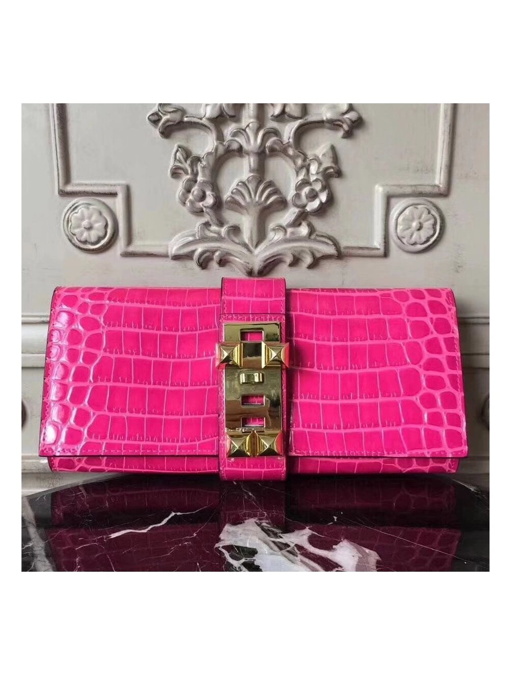 Hermes Medor Clutch Bag In Rose Red Crocodile Leather