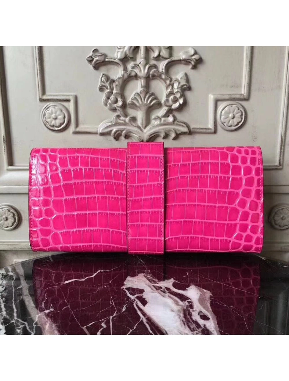 Hermes Medor Clutch Bag In Rose Red Crocodile Leather