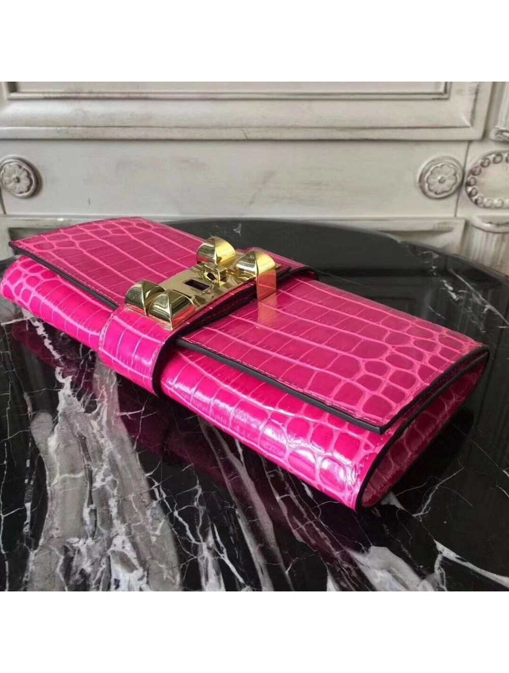 Hermes Medor Clutch Bag In Rose Red Crocodile Leather