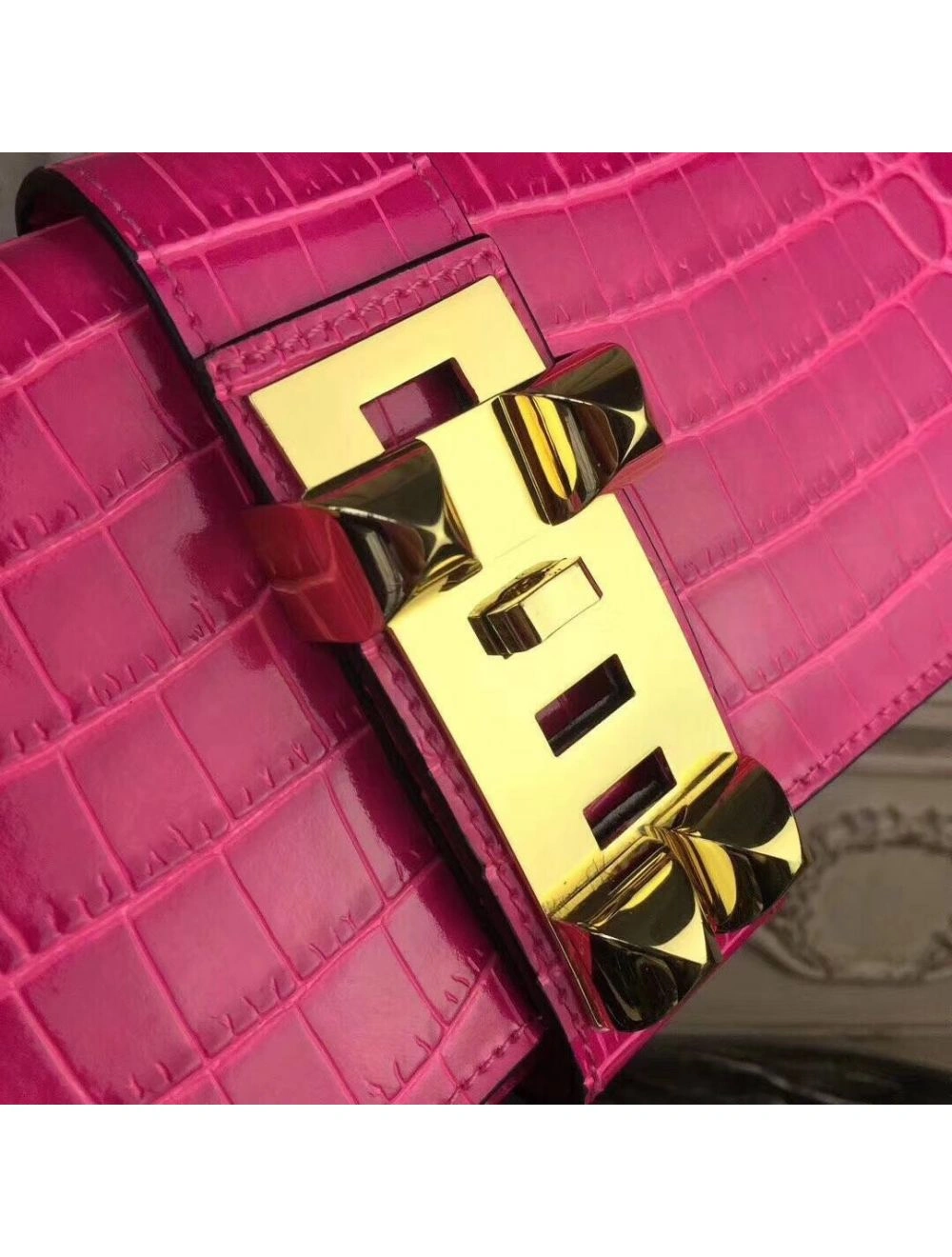 Hermes Medor Clutch Bag In Rose Red Crocodile Leather