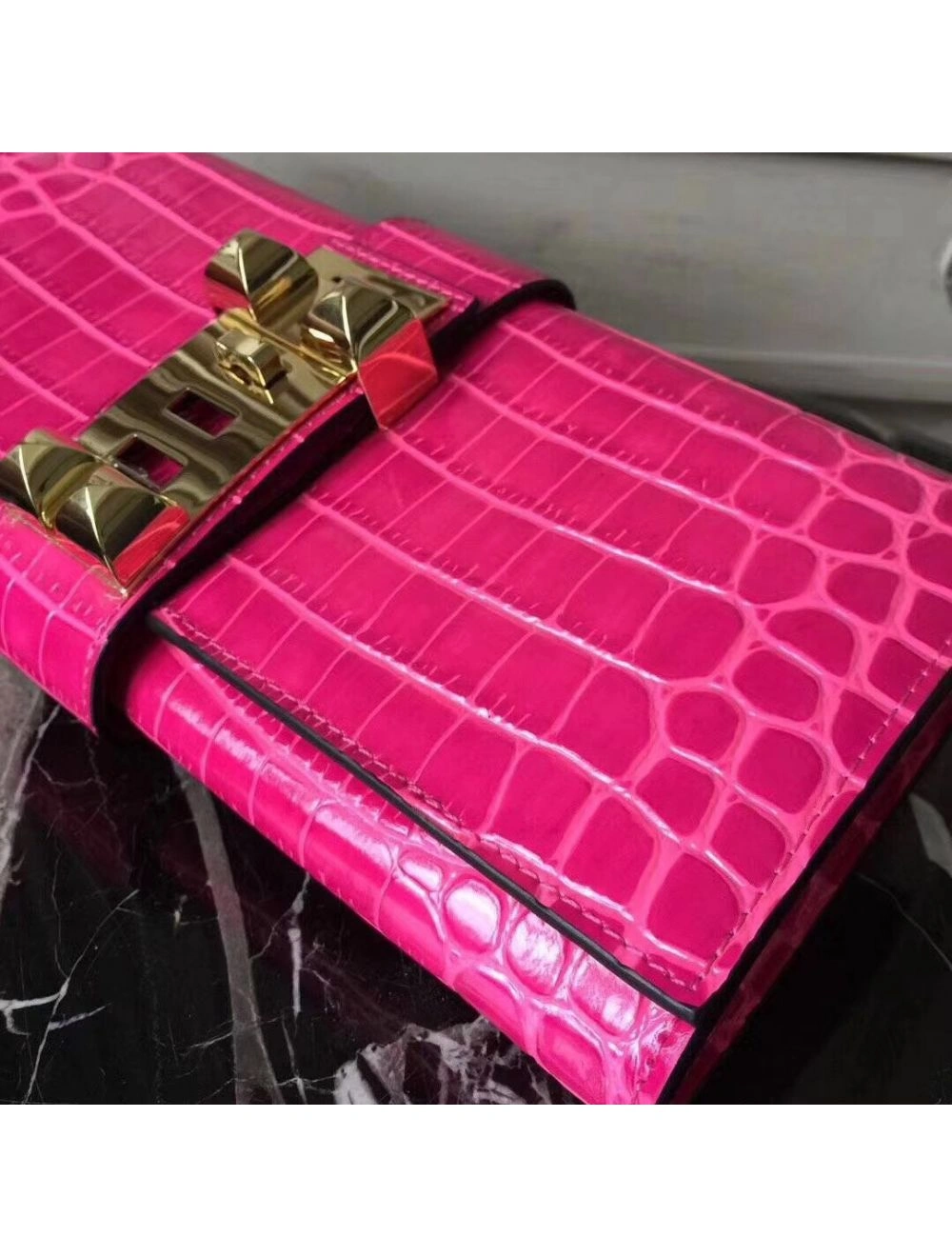 Hermes Medor Clutch Bag In Rose Red Crocodile Leather