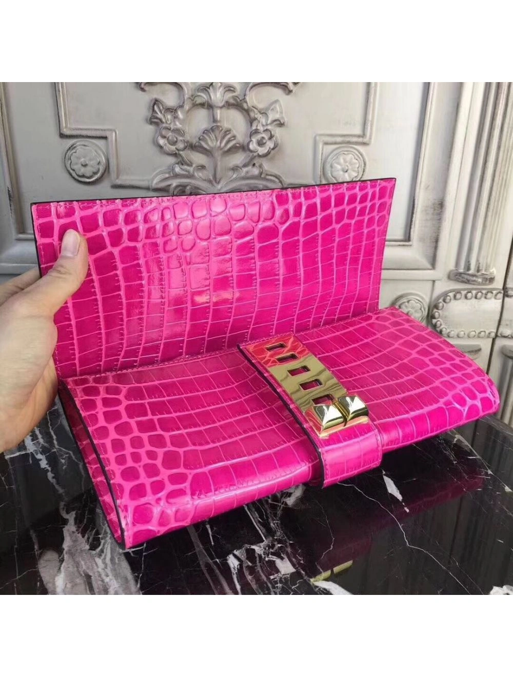 Hermes Medor Clutch Bag In Rose Red Crocodile Leather