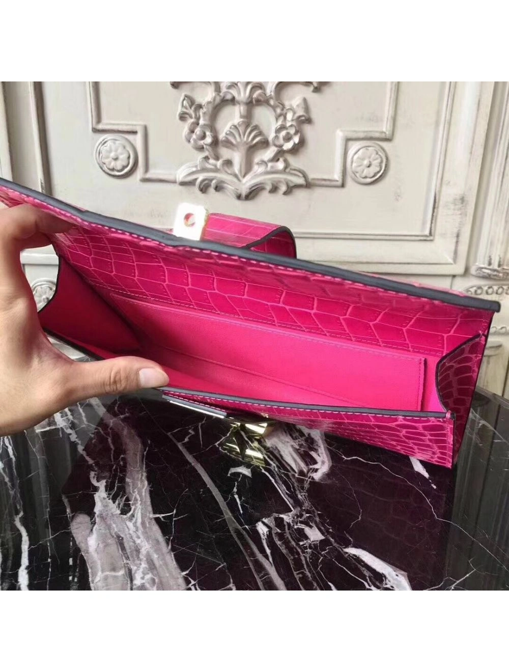 Hermes Medor Clutch Bag In Rose Red Crocodile Leather