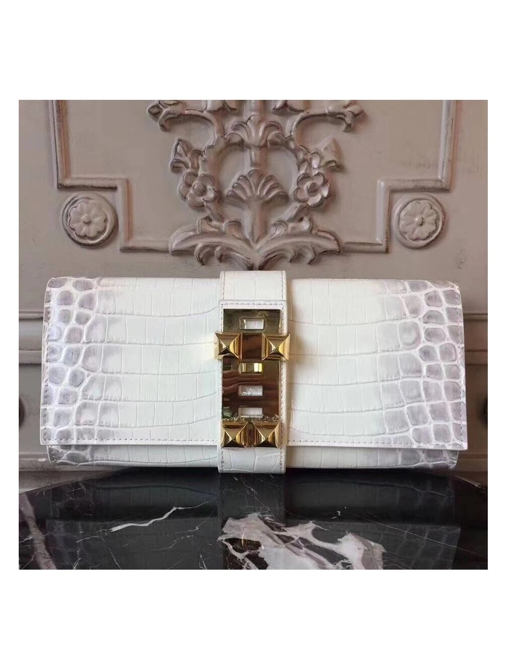 Hermes Medor Clutch Bag In White Crocodile Leather