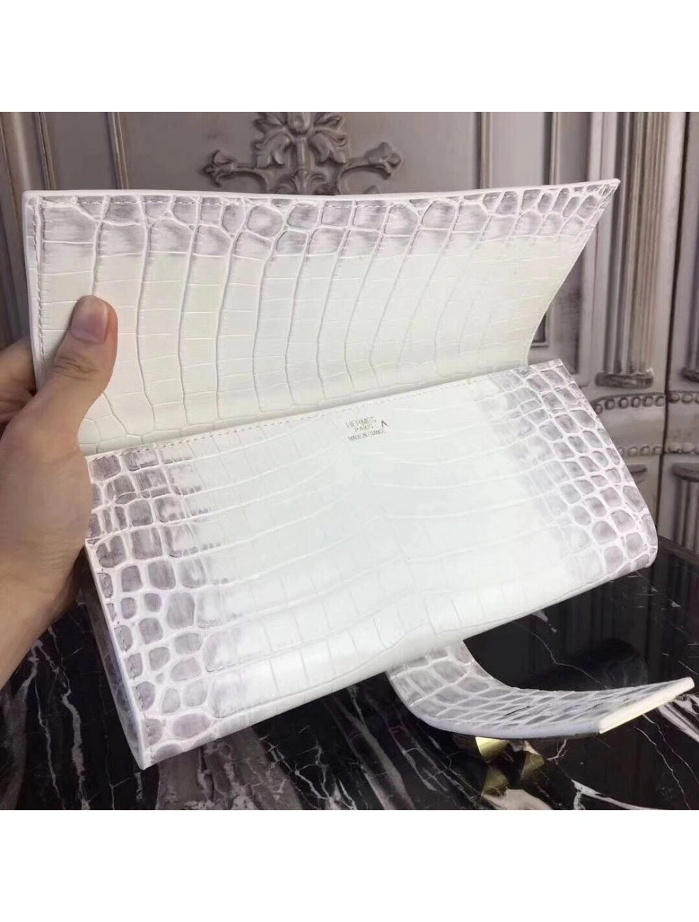 Hermes Medor Clutch Bag In White Crocodile Leather