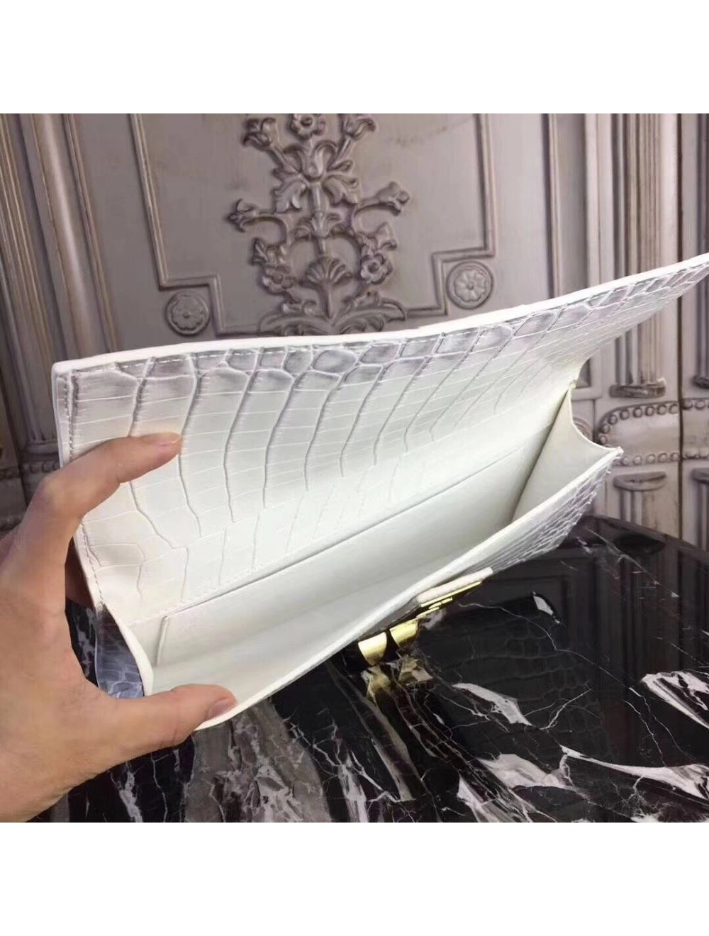 Hermes Medor Clutch Bag In White Crocodile Leather