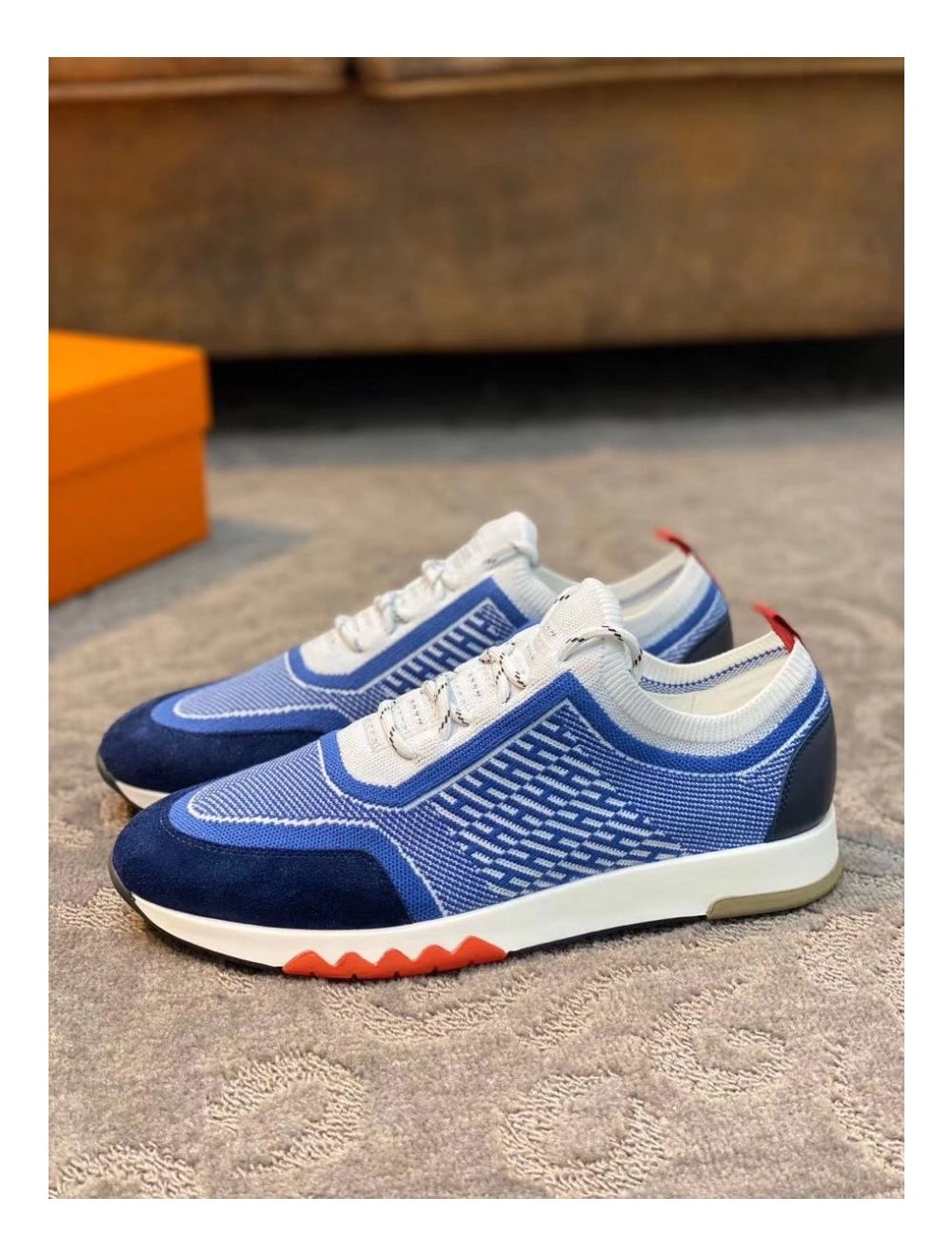 Hermes Men’s Addict Sneakers In Bicolor Blue Knit