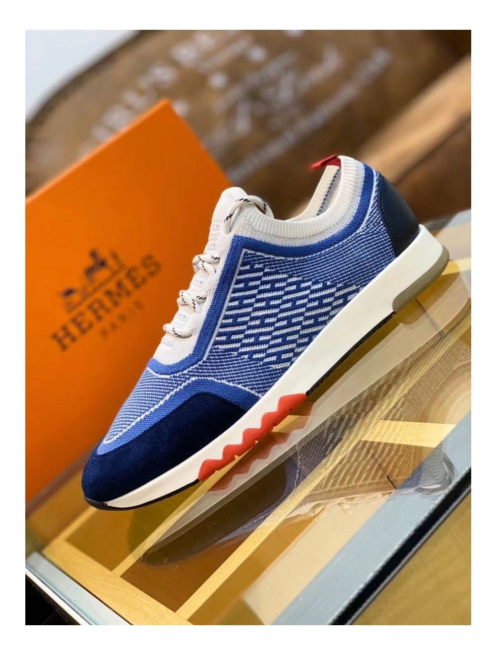 Hermes Men’s Addict Sneakers In Bicolor Blue Knit