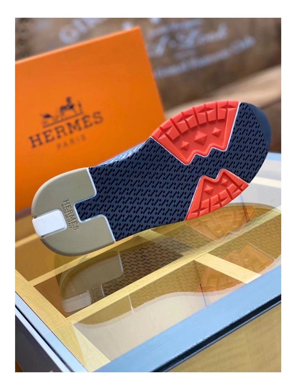 Hermes Men’s Addict Sneakers In Bicolor Blue Knit