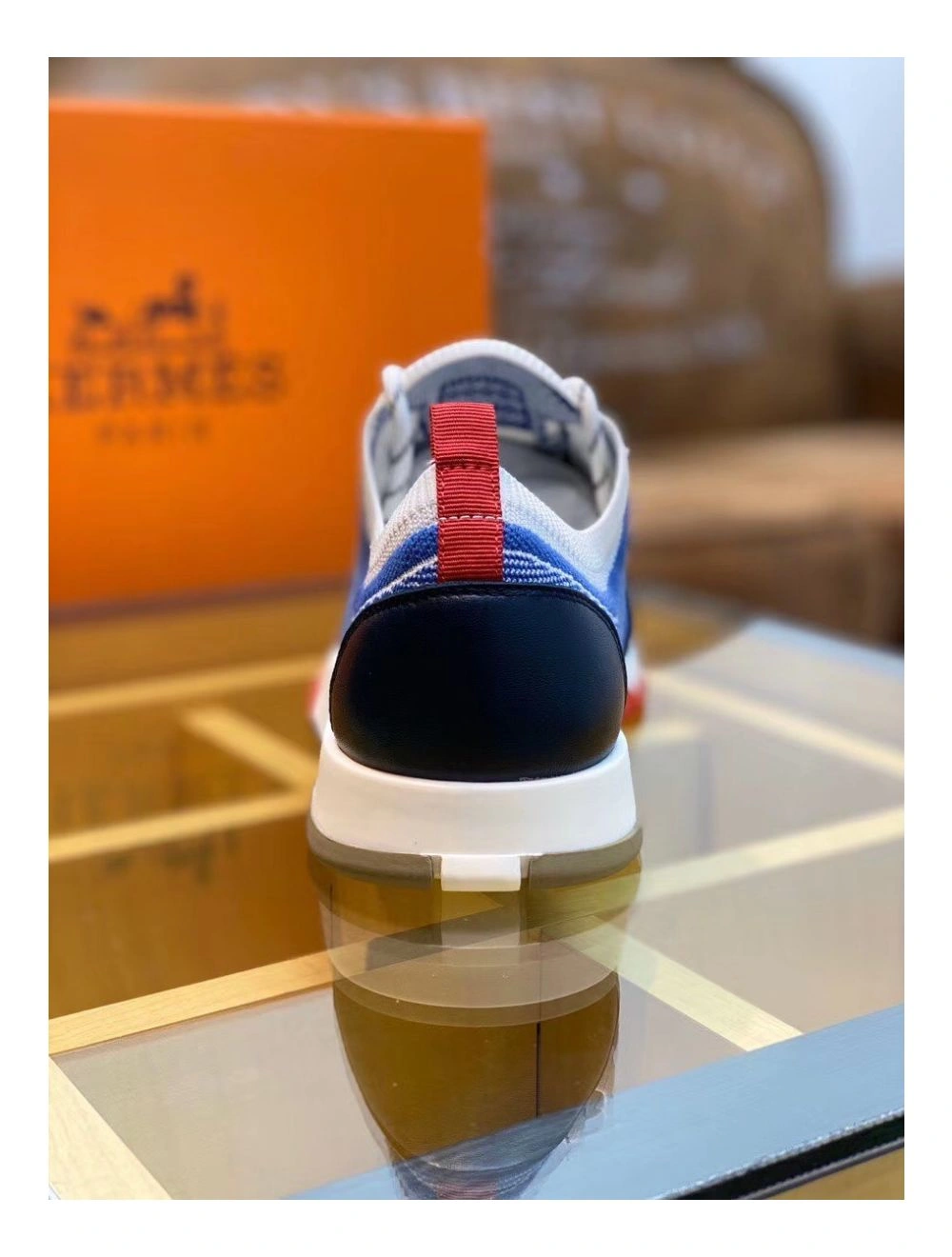 Hermes Men’s Addict Sneakers In Bicolor Blue Knit