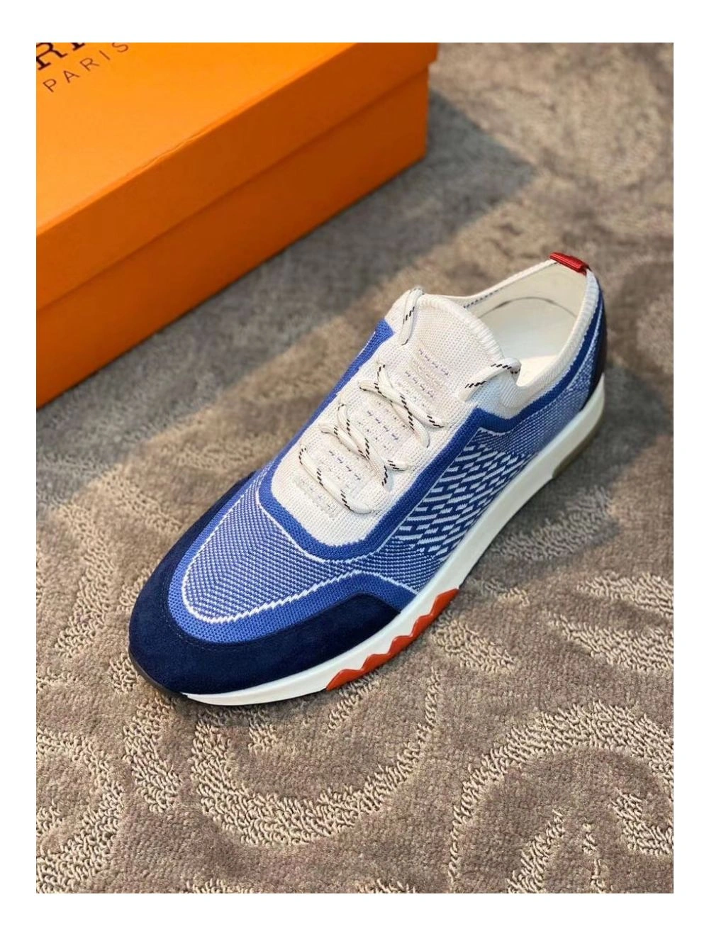 Hermes Men’s Addict Sneakers In Bicolor Blue Knit