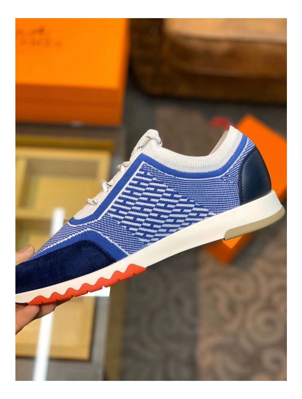 Hermes Men’s Addict Sneakers In Bicolor Blue Knit