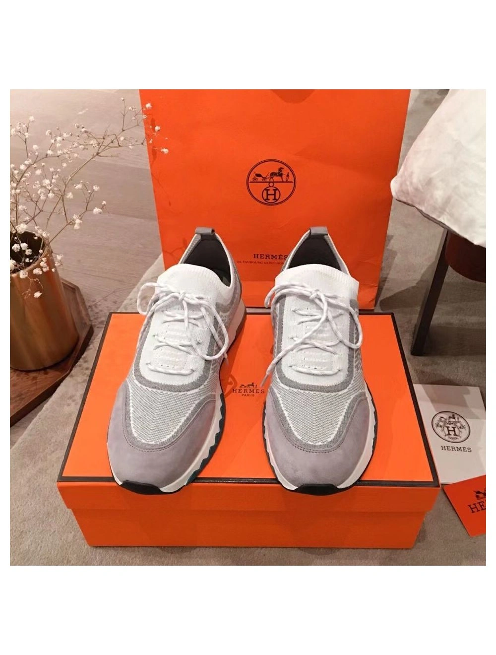 Hermes Men’s Addict Sneakers In Grey Knit