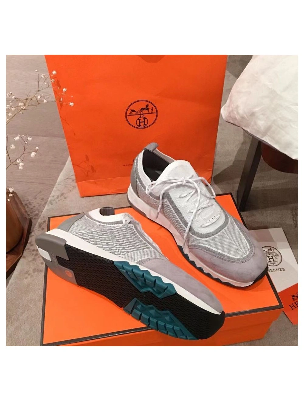 Hermes Men’s Addict Sneakers In Grey Knit