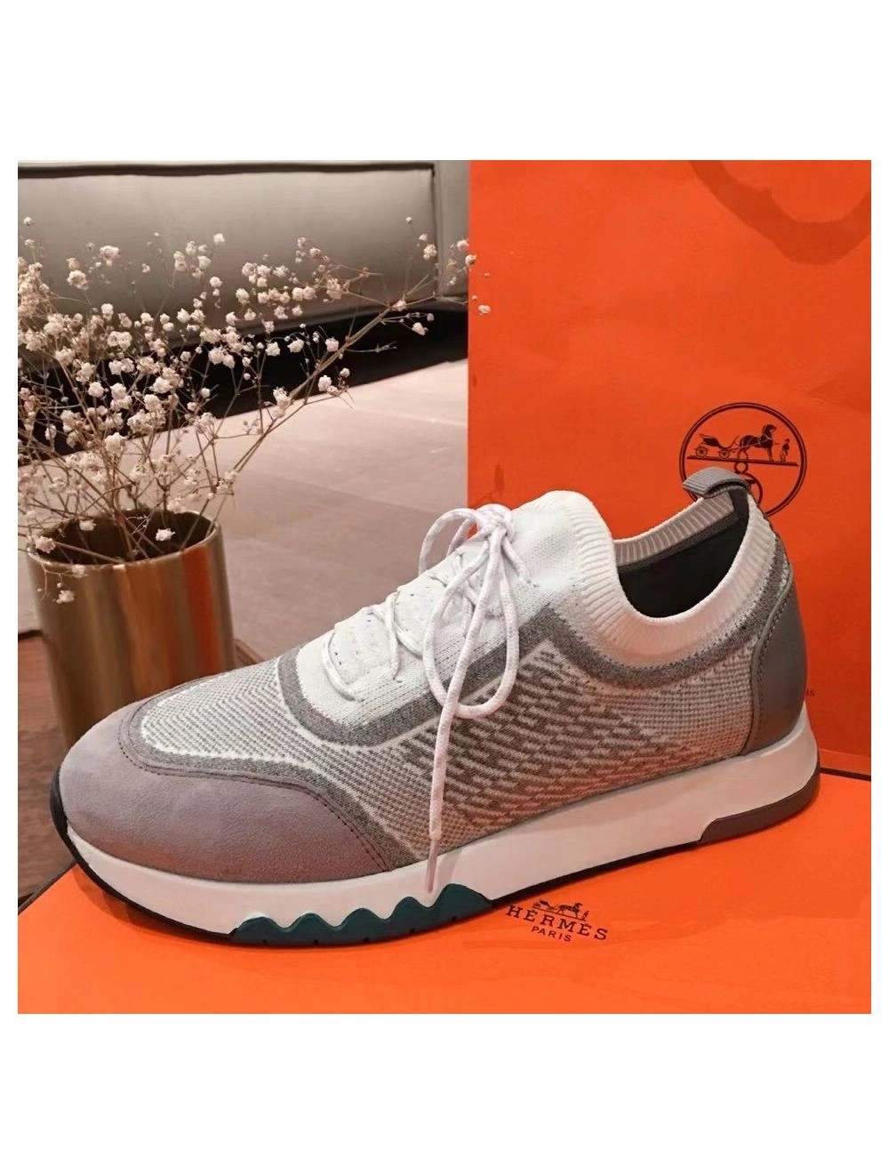 Hermes Men’s Addict Sneakers In Grey Knit