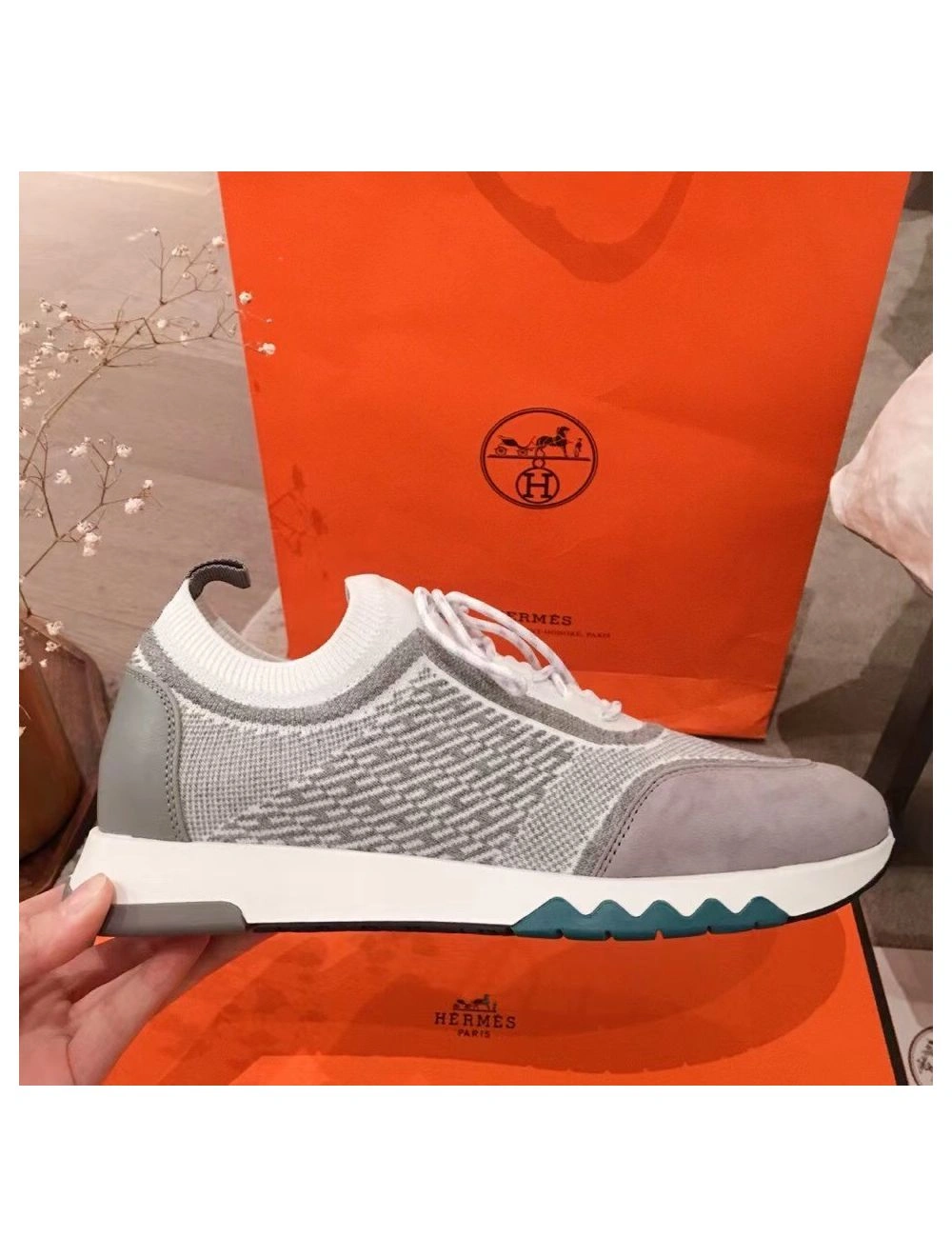 Hermes Men’s Addict Sneakers In Grey Knit