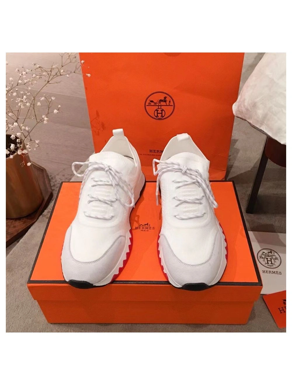 Hermes Men’s Addict Sneakers In White Knit