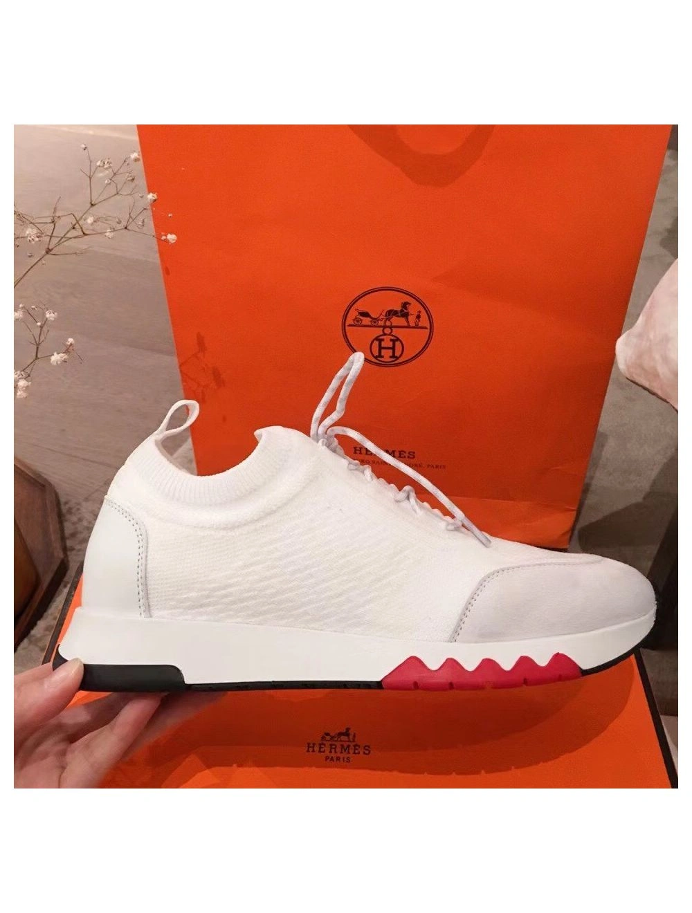 Hermes Men’s Addict Sneakers In White Knit