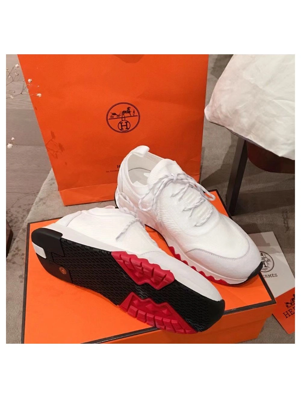 Hermes Men’s Addict Sneakers In White Knit