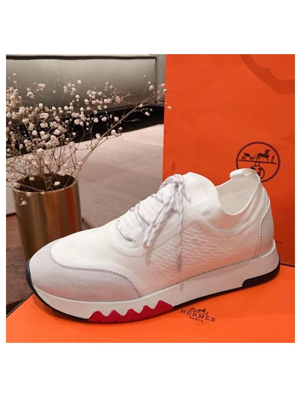 Hermes Men’s Addict Sneakers In White Knit