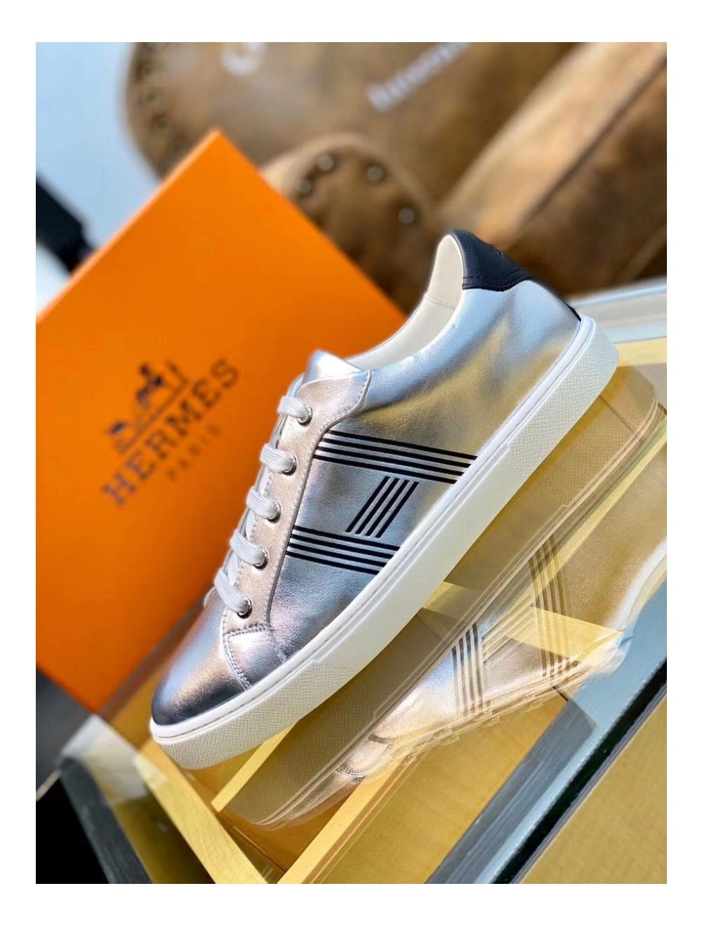 Hermes Men’s Avantage Sneakers In Grey Metallic Leather