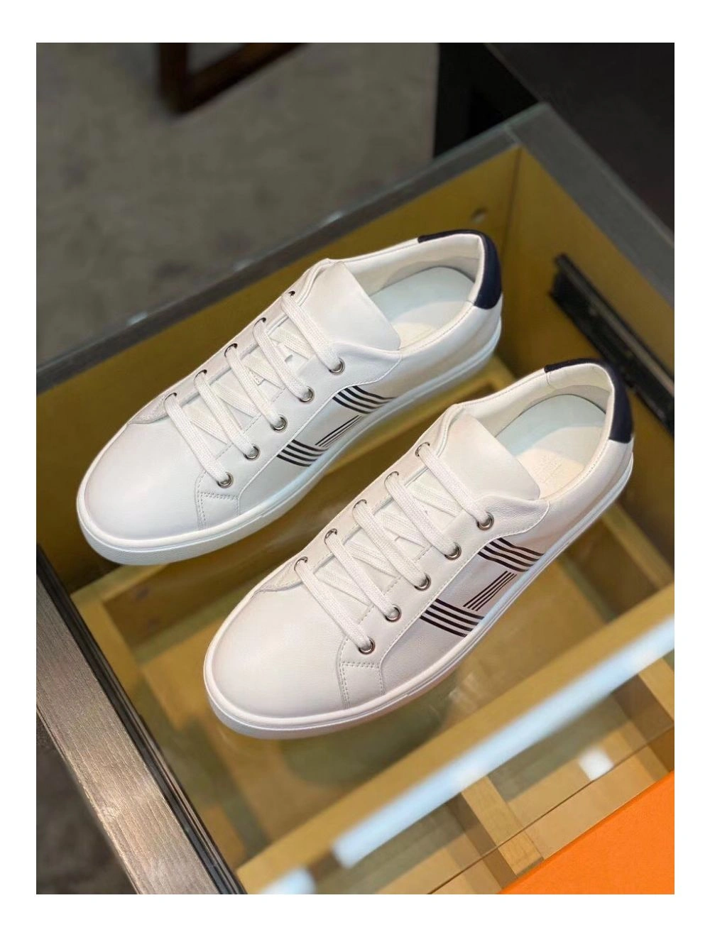 Hermes Men’s Avantage Sneakers In White Blue Calfskin