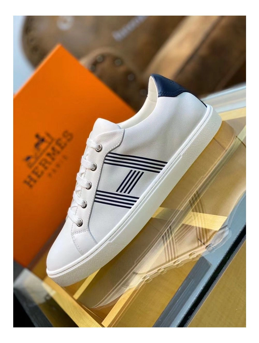 Hermes Men’s Avantage Sneakers In White Blue Calfskin