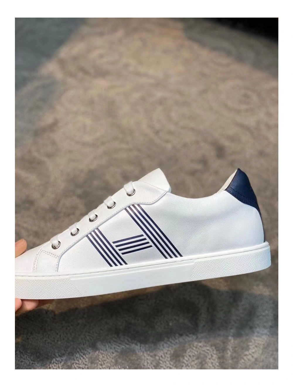 Hermes Men’s Avantage Sneakers In White Blue Calfskin