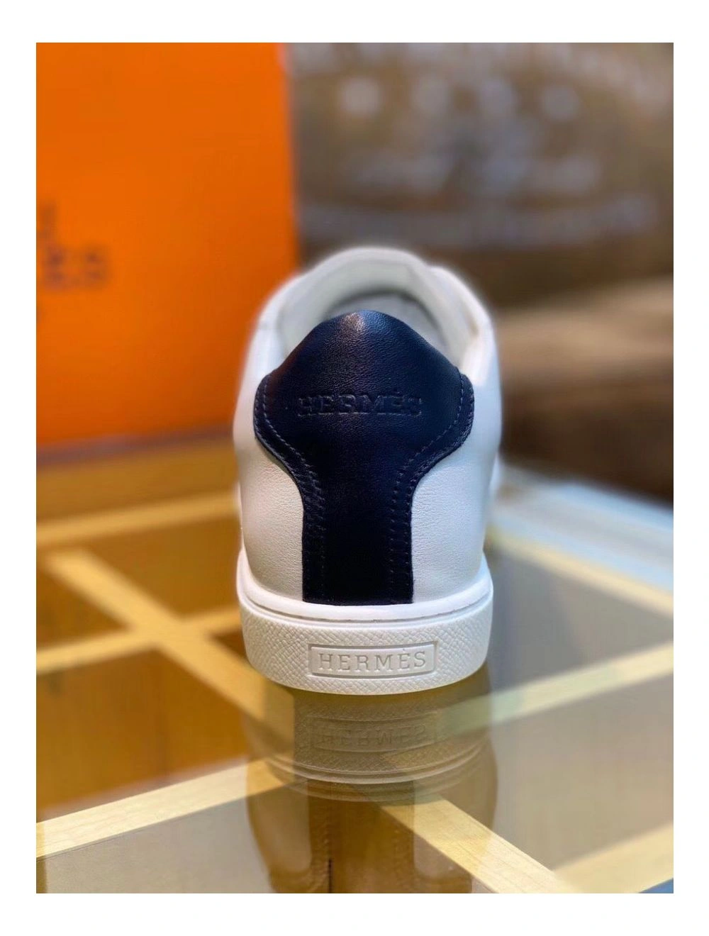 Hermes Men’s Avantage Sneakers In White Blue Calfskin