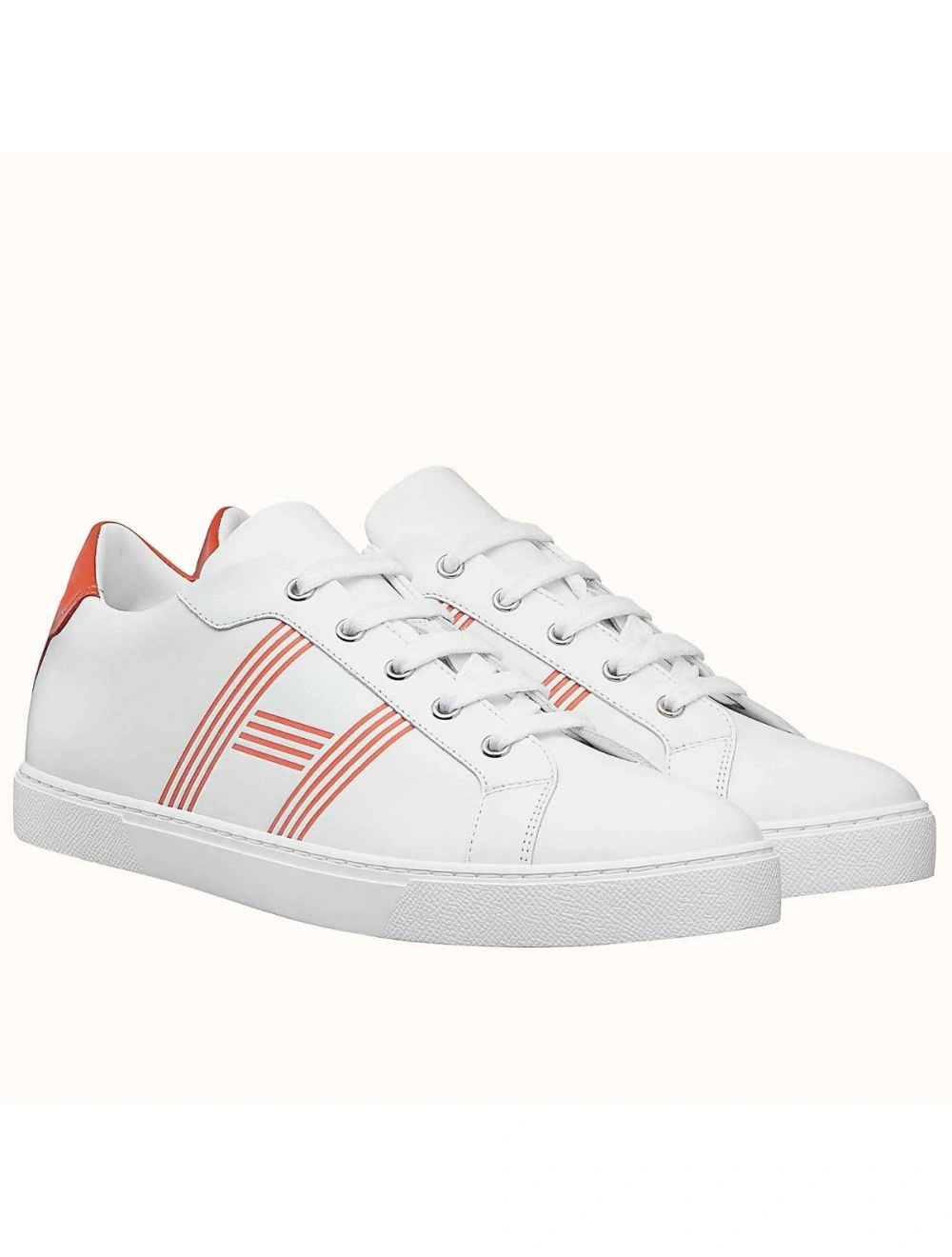 Hermes Men’s Avantage Sneakers In White Orange Calfskin