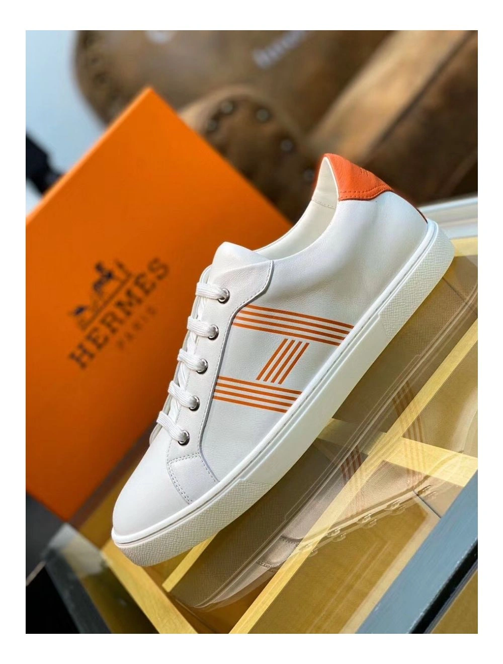 Hermes Men’s Avantage Sneakers In White Orange Calfskin