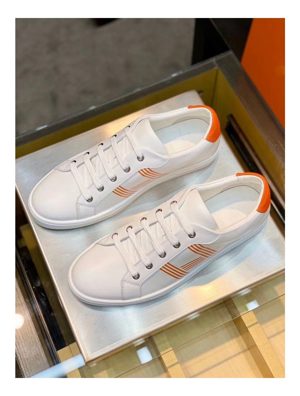 Hermes Men’s Avantage Sneakers In White Orange Calfskin