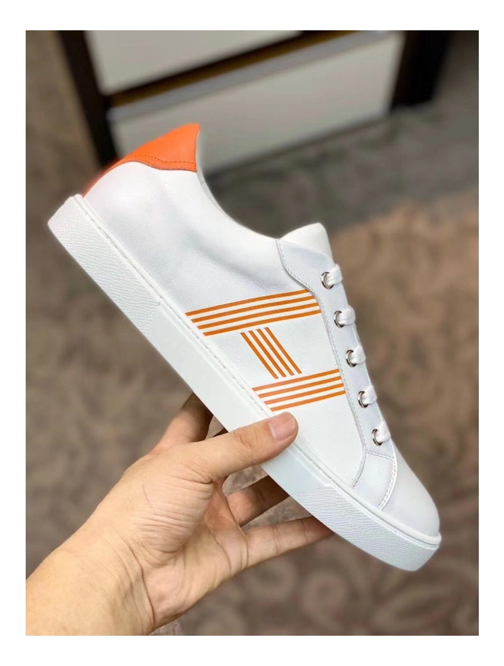 Hermes Men’s Avantage Sneakers In White Orange Calfskin
