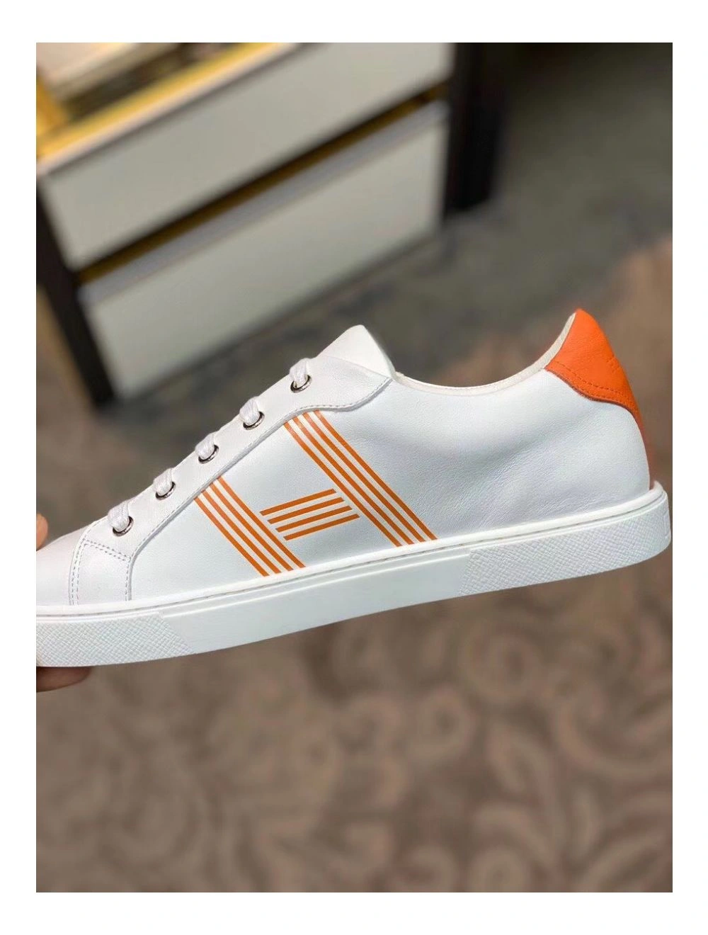Hermes Men’s Avantage Sneakers In White Orange Calfskin