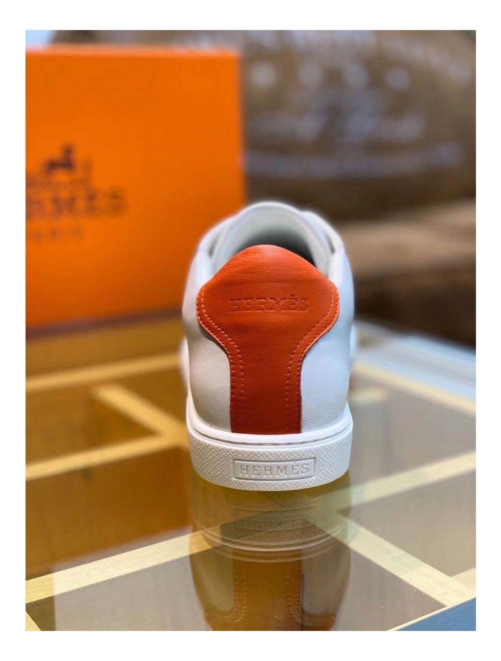 Hermes Men’s Avantage Sneakers In White Orange Calfskin