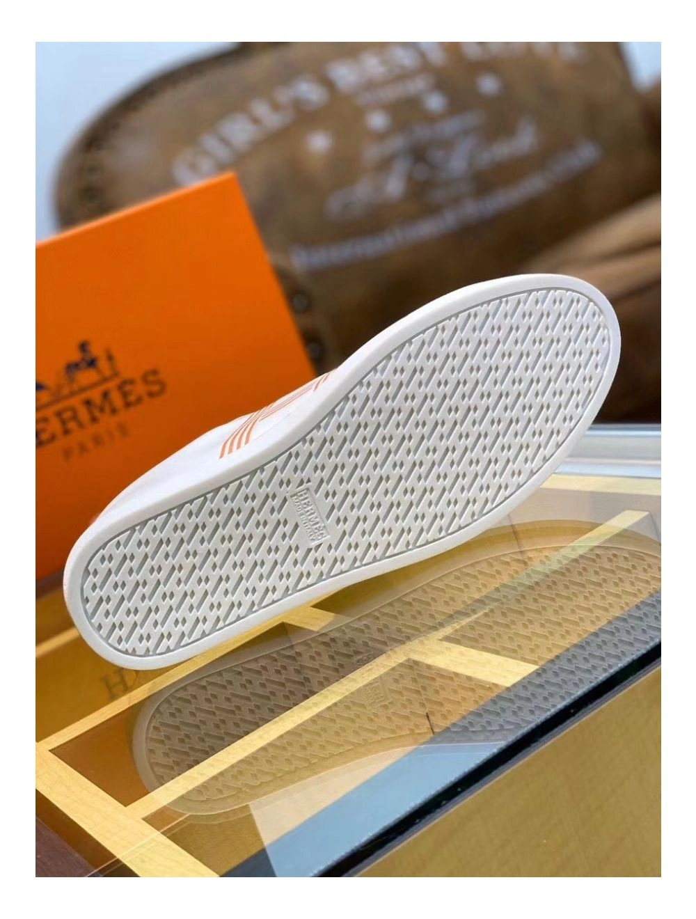 Hermes Men’s Avantage Sneakers In White Orange Calfskin