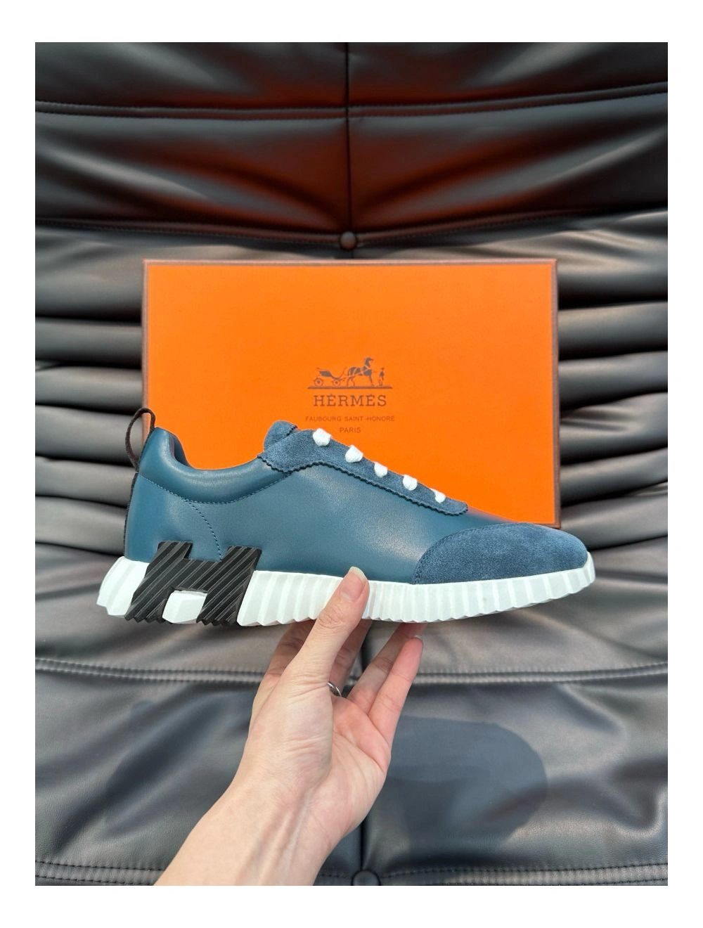 Hermes Men’s Bouncing Sneakers in Blue Leather