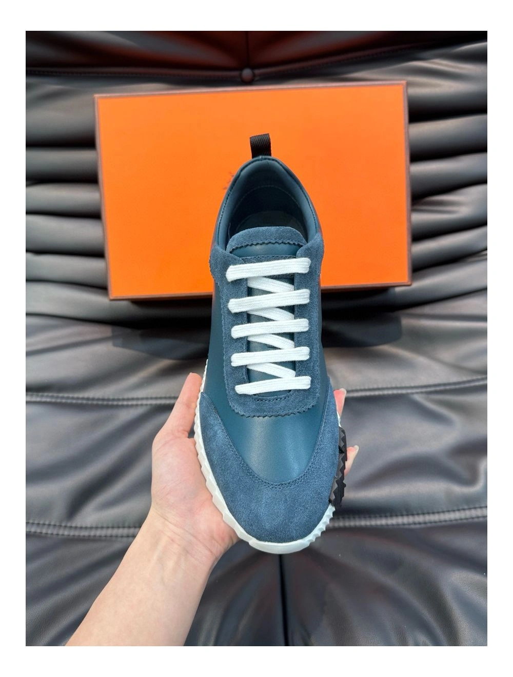 Hermes Men’s Bouncing Sneakers in Blue Leather