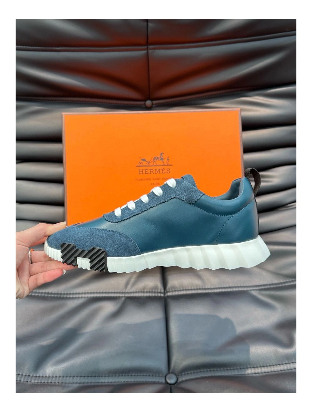 Hermes Men’s Bouncing Sneakers in Blue Leather