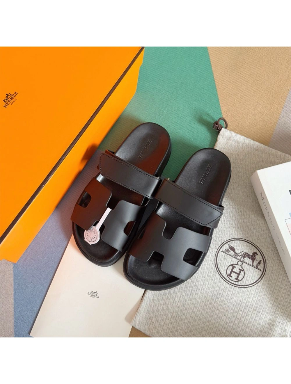 Hermes Men’s Chypre Sandals in Black Calfskin