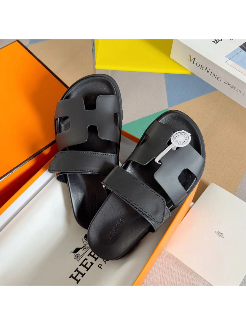 Hermes Men’s Chypre Sandals in Black Calfskin