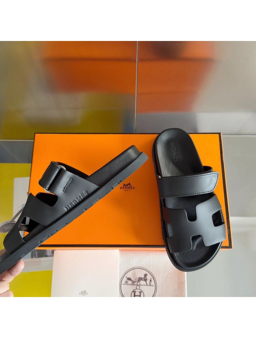 Hermes Men’s Chypre Sandals in Black Calfskin