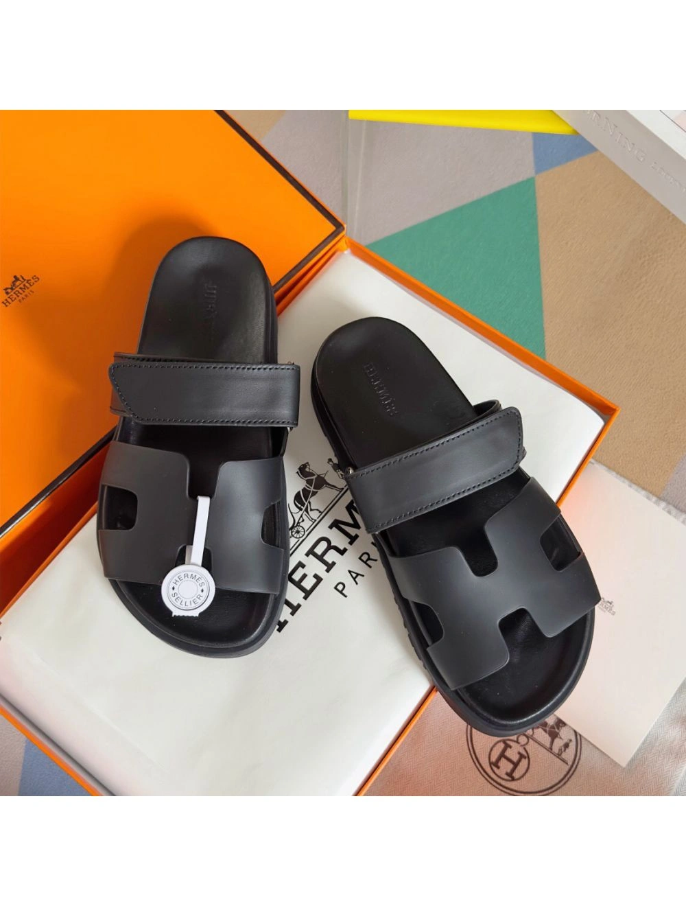 Hermes Men’s Chypre Sandals in Black Calfskin