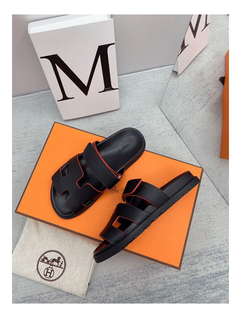 Hermes Men’s Chypre Sandals in Black Epsom Calfskin