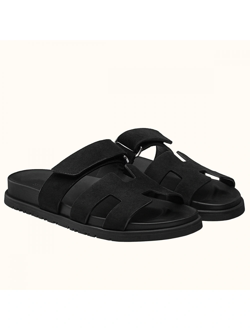 Hermes Men’s Chypre Sandals in Black Suede Calfskin