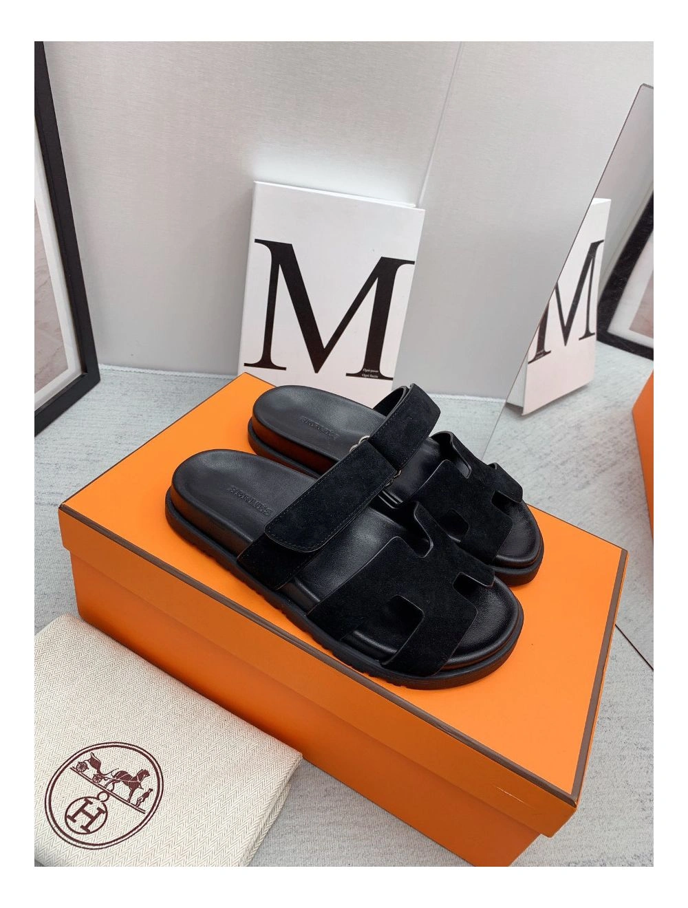 Hermes Men’s Chypre Sandals in Black Suede Calfskin