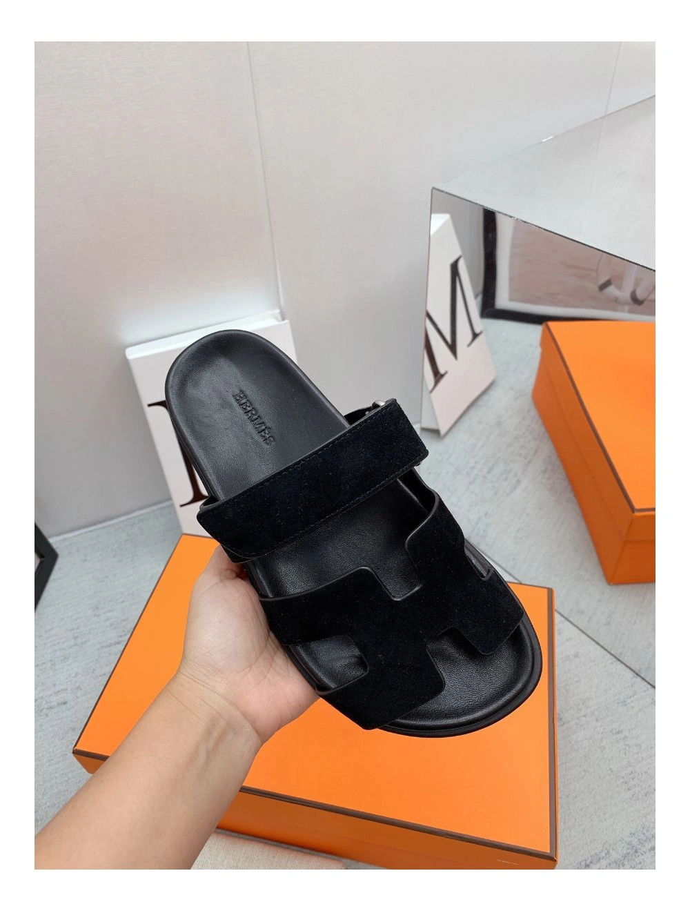 Hermes Men’s Chypre Sandals in Black Suede Calfskin